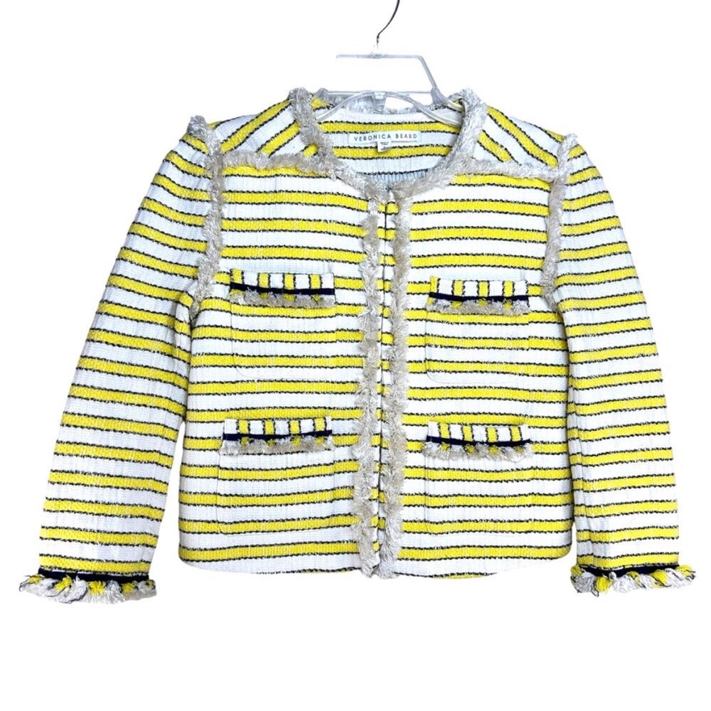 Veronica Beard Talie Tweed Blazer Yellow White Striped Frayed Trim Size 0 - Picture 4 of 12